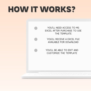 Op de afbeelding: Illustratie van een laptopscherm met drie opsommingstekens die uitleggen hoe je een sjabloon gebruikt. De tekst luidt: "Je hebt toegang tot MS Excel nodig na aankoop om het sjabloon te gebruiken. Je ontvangt een Excel-bestand om te downloaden. Je kunt het sjabloon bewerken en aanpassen."