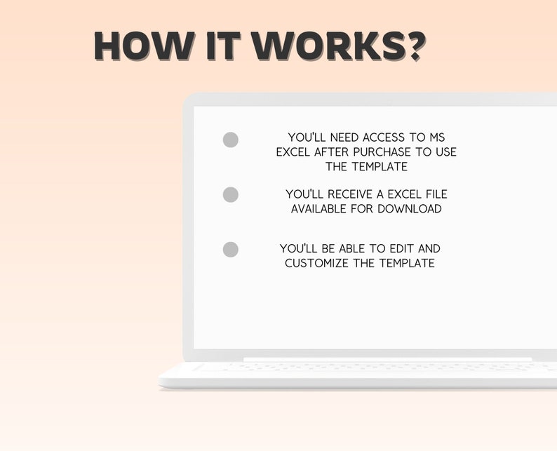Op de afbeelding: Illustratie van een laptopscherm met drie opsommingstekens die uitleggen hoe je een sjabloon gebruikt. De tekst luidt: "Je hebt toegang tot MS Excel nodig na aankoop om het sjabloon te gebruiken. Je ontvangt een Excel-bestand om te downloaden. Je kunt het sjabloon bewerken en aanpassen."