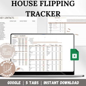 House Flipping Tracker Spreadsheet, House Flipping Calculator, Investment Property, Real Estate Property Flipping, Renovation Budget