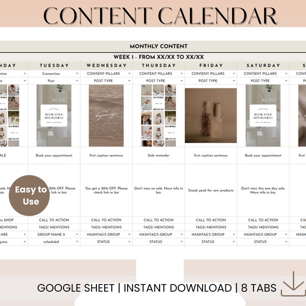 Content Calendar Spreadsheet, Content Planner Spreadsheet, Social Media Planner Google Sheet, Monthly Content Spreadsheet