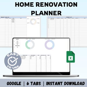 Home Renovation Planner Spreadsheet, Google Sheets Home Renovation, House project planner, Renovation budget tracker