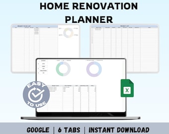 May include: A digital planner for home renovation projects. The planner includes a project to-do list, a project list, a budget tracker, and a progress tracker. The planner is available for instant download and is compatible with Google Sheets.