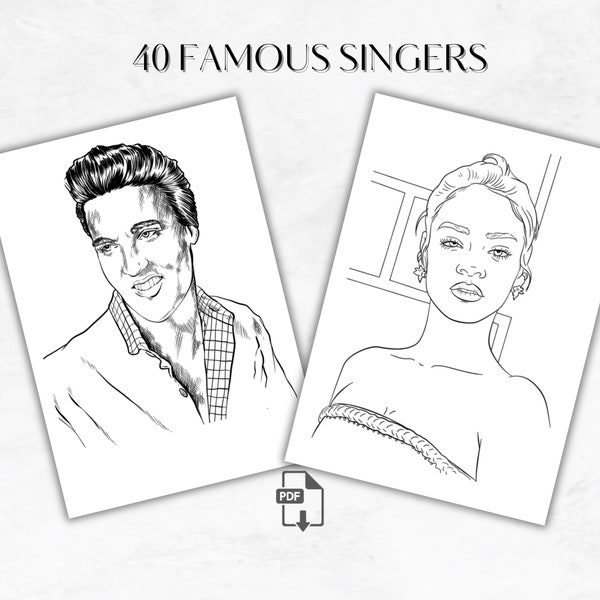 40 Famous Singers and Musicians Coloring Pages, Digital Adult Coloring Pages, Celebrity Coloring