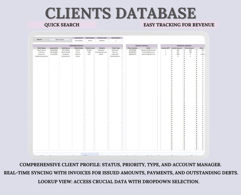 Client Tracker Spreadsheet: CRM Dashboard, Invoice & Project Management ...