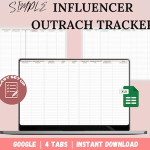 Puede incluir: Una descarga digital de una plantilla de hoja de cálculo para realizar un seguimiento de la comunicación con influencers. La plantilla tiene cuatro pestañas y está etiquetada como "Simple Influencer Outreach Tracker". La plantilla está diseñada para ser fácil de usar e incluye una lista de verificación para configurar la hoja de cálculo.