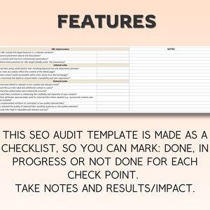 Op de afbeelding: Een checklist-sjabloon voor SEO-audits. De checklist is onderverdeeld in drie secties: URL-optimalisatie, Interne links en Externe links. Elke sectie bevat een lijst met vragen om u te helpen de SEO van uw website te beoordelen. De checklist is ontworpen om u te helpen gebieden te identificeren waar u de SEO van uw website kunt verbeteren.
