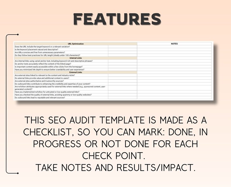 Op de afbeelding: Een checklist-sjabloon voor SEO-audits. De checklist is onderverdeeld in drie secties: URL-optimalisatie, Interne links en Externe links. Elke sectie bevat een lijst met vragen om u te helpen de SEO van uw website te beoordelen. De checklist is ontworpen om u te helpen gebieden te identificeren waar u de SEO van uw website kunt verbeteren.