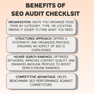 Op de afbeelding: Een afbeelding met de tekst "Voordelen van de SEO-auditchecklist" en vier opsommingstekens die de voordelen van een SEO-auditchecklist beschrijven. De voordelen zijn: Organisatie, Gestructureerde aanpak, Hogere zoekrangschikking en Concurrentievoordeel.
