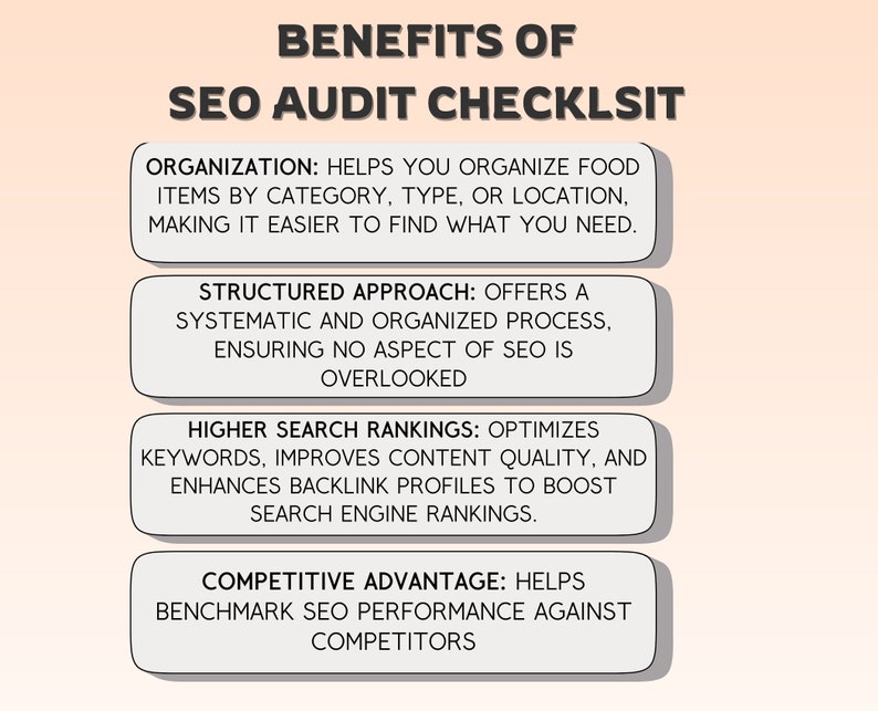 Op de afbeelding: Een afbeelding met de tekst "Voordelen van de SEO-auditchecklist" en vier opsommingstekens die de voordelen van een SEO-auditchecklist beschrijven. De voordelen zijn: Organisatie, Gestructureerde aanpak, Hogere zoekrangschikking en Concurrentievoordeel.