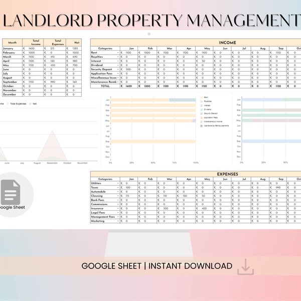 Landlord Property Management Spreadsheet, Rental Property Management Google Sheet, Income & Expenses Tracker, Real Estate Spreadsheet