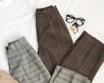 Aesthetic Academia Pants / Vintage Plaid Trousers / Y2K High Waist Pants / Office Lady Pants.