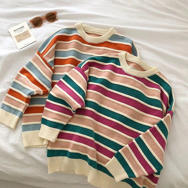 Vintage Striped Sweater Knitted Loose Pullover Aesthetic - Etsy