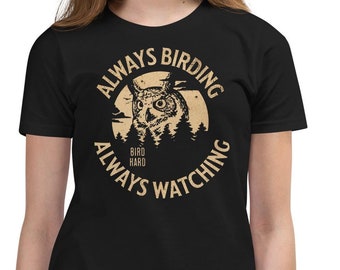Always Birding, Always Watching, Kids Great Horned Owl t-shirt