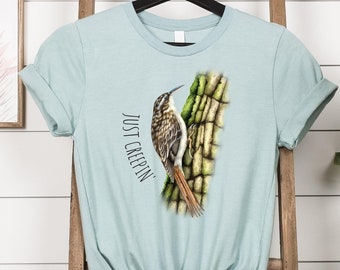 Brown Creeper just creepin', funny bird nerd t-shirt with hand-drawn watercolor illustration