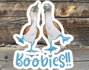 I love Boobies! Funny Blue-footed booby bird 3" sticker with vintage watercolor illustration