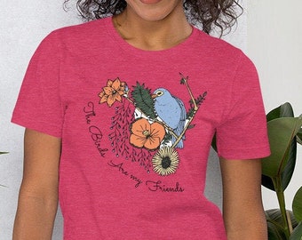 The Birds Are My Friends, vintage birdwatching t-shirt met bloemmotief en een blauwe vogel