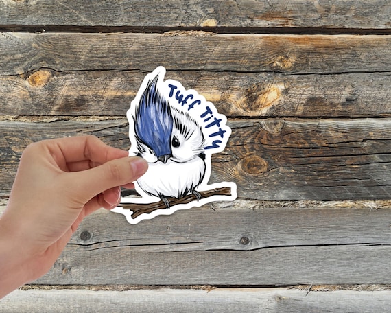 Tuff Titty, funny Tufted Titmouse bird nerd water bottle sticker for birdwatchers