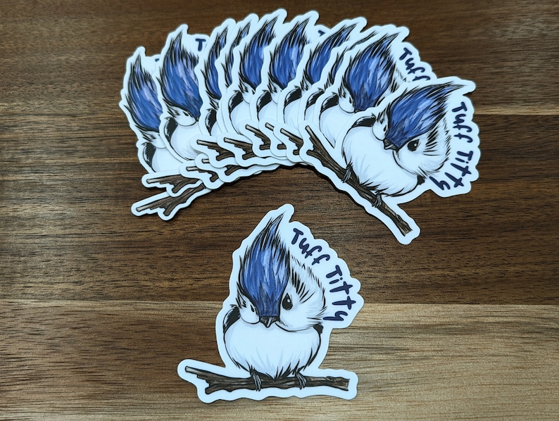 May include: A set of 10 bluebird stickers with the text "Tuff Titty" on each sticker. The stickers feature a cartoon bluebird with a blue head and white body.