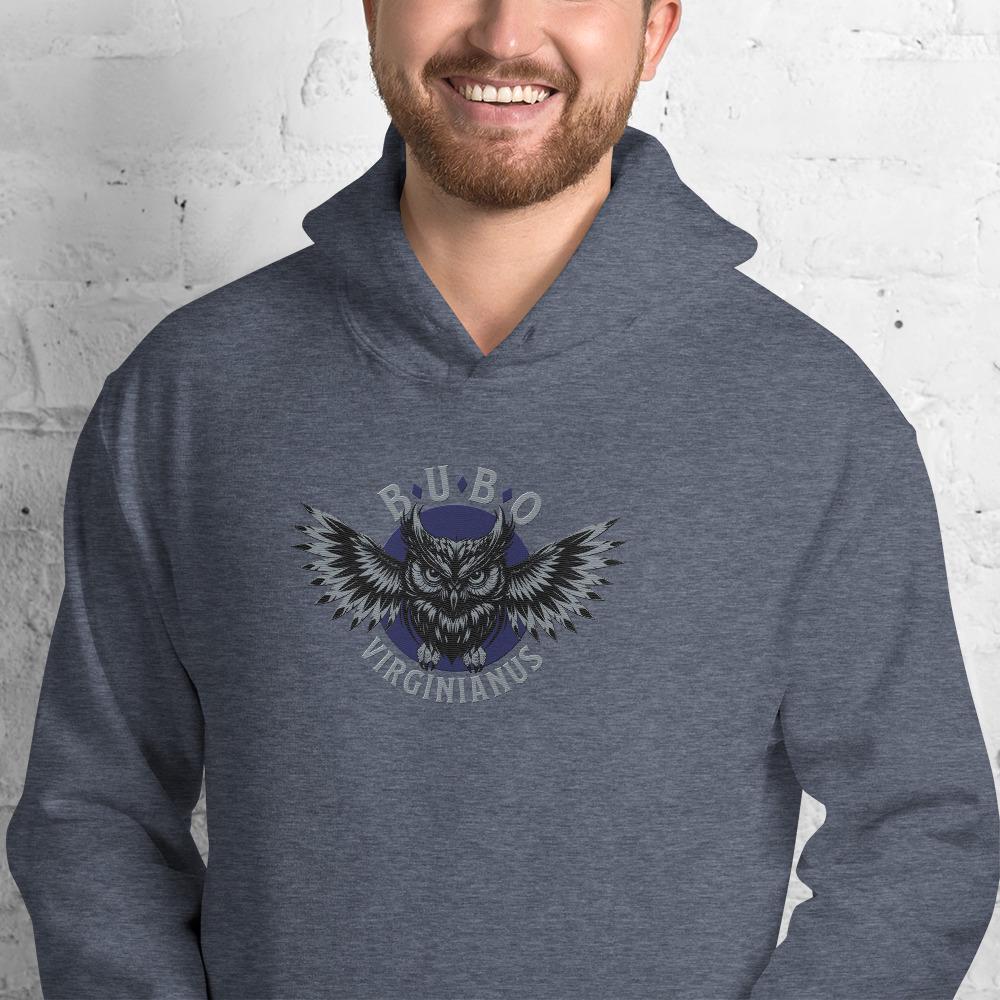 Great horned owl embroidered hooded sweatshirt for bird watchers, birders and owl lovers