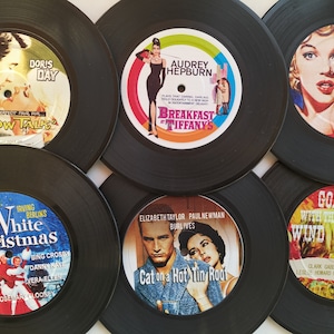 Old Hollywood Movies,Set of 6, Vintage Vinyl Coasters, Gift for Movie Lovers image 1