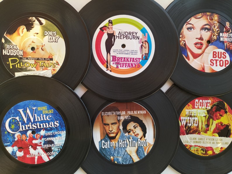 Old Hollywood Movies,Set of 6, Vintage Vinyl Coasters, Gift for Movie Lovers image 1