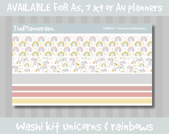 Unicorns and rainbows Sheet Washi tape, for A5, 7 x 9 and A4 planner, Washi Strip planner Stickers, washi decoration.