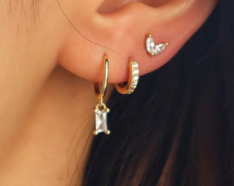 Baguette Dangle Hoop sterling silver Earring Set • Dainty Huggie Hoop Earrings • earring set • gift for her • gift for mom • gift set