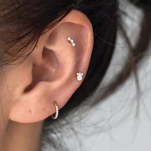 May include: A gold hoop earring with small clear stones in the earlobe, a small gold stud with three clear stones in the upper cartilage, and a gold stud with a cluster of clear stones in the middle cartilage, all worn in a single ear.