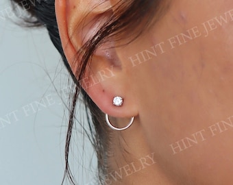 WaterProof-Dainty Front Back Circle Sterling silver Earrings, Ear Jacket, Dainty Studs, CZ Diamond Studs, Dainty CZ Studs Earrings