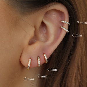 SOLD AS PAIR，6mm - 9mm cz Pave Gold Huggie Hoop Earrings, Silver pave cz hoop, cartilage hoops, everyday diamond huggies, gift for her