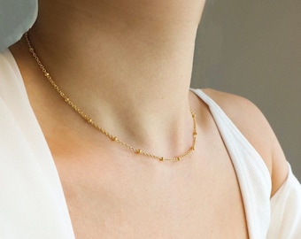 18K Gold dainty satellite necklace, beaded necklace, gold stainless steel necklace, water and tarnish resistant chain, gift for her