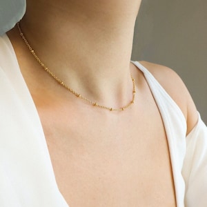 18K Gold dainty satellite necklace, beaded necklace, gold stainless steel necklace, water and tarnish resistant chain, gift for her