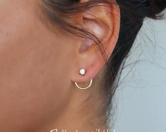 WaterProof-flatback Sterling Silver Titanium Dainty Front Back Circle Earrings, Ear Jacket, Dainty Studs, CZ Diamond Studs