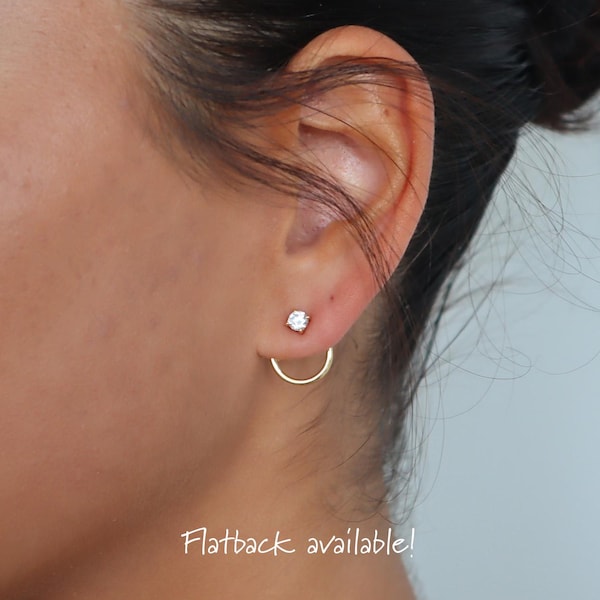 WaterProof-flatback Sterling Silver Titanium Dainty Front Back Circle Earrings, Ear Jacket, Dainty Studs, CZ Diamond Studs