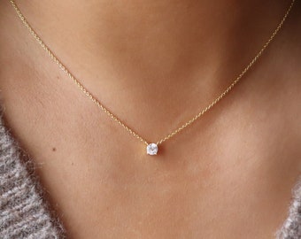 Dainty Gold CZ Necklace, Floating Solitaire Necklace, Minimalist Jewelry, Bridesmaid Necklace, Gift for Mom, gift for her