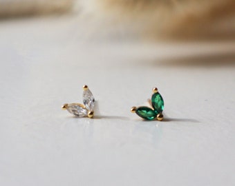 Tiny 2 petal flower Studs, tiny dainty flower CZ, 18k gold sterling silver tiny stud earrings, cartilage stud, gift for her, gift ready