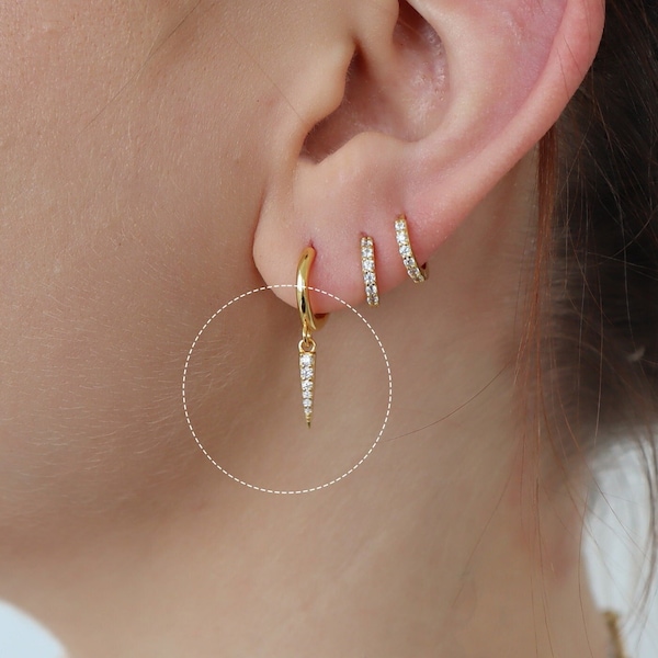 Unisex Spike Dangle Hoop Earrings, spike cz hoops, 18k gold sterling silver gold huggie earrings, delicate earrings, gift for her