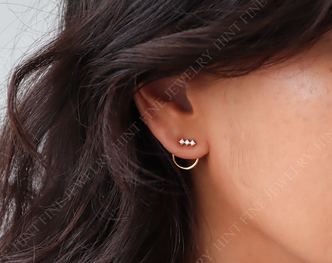 WaterProof-Dainty Front Back Circle  Earrings, Ear Jacket, Dainty Studs, 18k gold sterling silver CZ Diamond Studs, Dainty CZ Studs Earrings