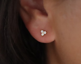 3 Leaf Clover flower Studs, tiny dainty flower CZ, 18k gold sterling silver tiny stud earrings, cartilage stud, gift for her, gift ready