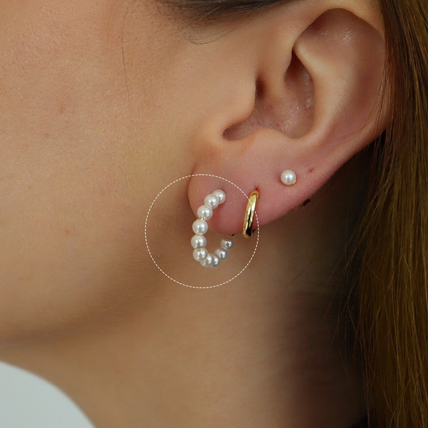 Pearl Hoops, Mini Beaded Hoops, 18k Gold, Dainty Pearl Earrings, Mini Huggie Hoop Pearls, Bridal Earrings