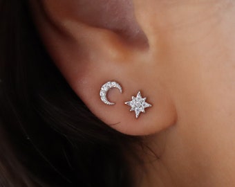 Mismatch Moon and Star  Studs Earrings, Mismatched Celestial Studs, Mini Starburst stud earrings, cartilage stud, gift for her, gift ready