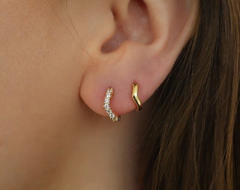 18K gold dainty everyday V- shaped Huggie Hoop earring, earring stack, sterling silver earring, gift ready