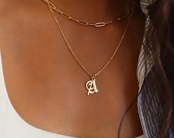 Gold Old English Initial Necklace, Personalized Letter Necklace, WATERPROOF, Initial Necklace, Gothic Initial Letter Necklace, Gift For Her
