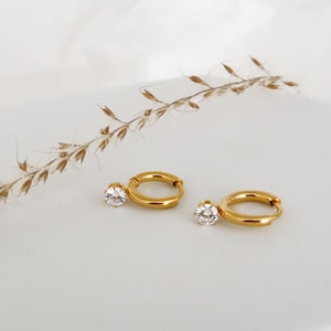 May include: A pair of gold hoop earrings with a small clear stone accent.