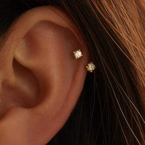 WaterProof-18k Gold/sterling silver Double Stud Front Back Earrings, Ear Jacket, flat back Studs, cartilage helix stud