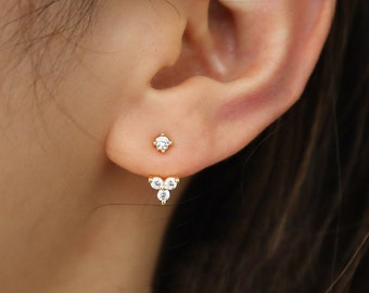 Sparkly Trio Clover Front Back Earrings, Ear Jacket, Dainty  Studs, 18k gold sterling silver CZ Diamond Studs, Dainty CZ Studs Earrings
