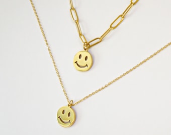 18K gold smiley face necklace, PVD Plated Stainless Steel Necklace, Water Proof Tarnish Resistant Necklace, gift for her