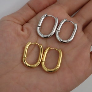 WaterProof-Antitarnish Oval Gold Hoop Earrings, Gold Plated STAINLESS STEEL U shaped hoops, Rectangular Earrings, Unisex Hoop