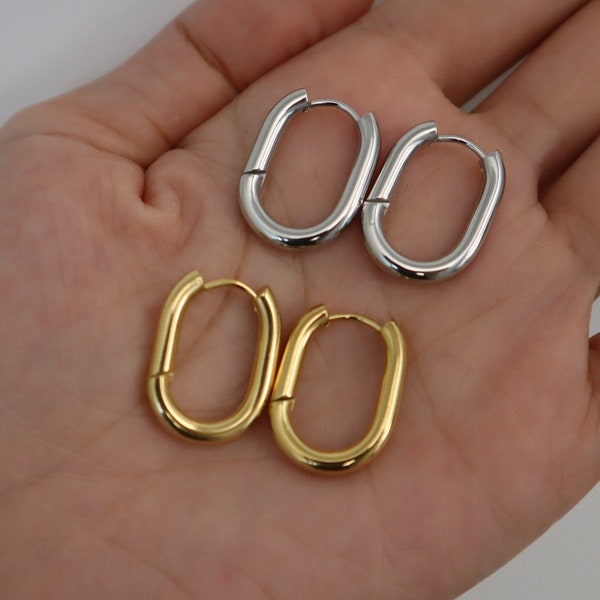 Antitarnish Water Proof Oval Gold Hoop Earrings, Gold Plated STAINLESS STEEL U shaped hoops, Rectangular Earrings, Unisex Hoop