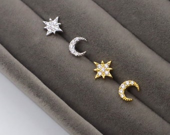 Mismatch Moon and Star  Studs Earrings, Mismatched Celestial Studs, Mini Starburst stud earrings, cartilage stud, gift for her, gift ready